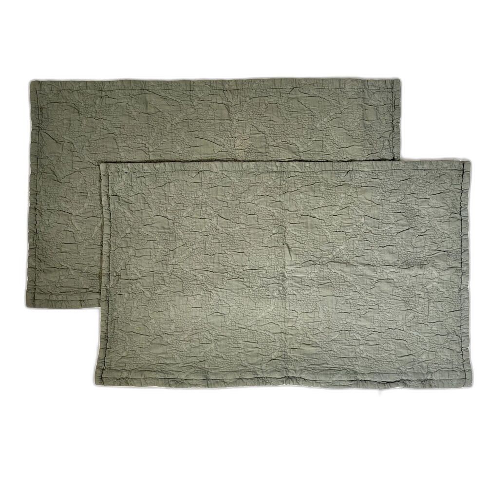Restoration Hardware (2) King Pillow Shams Green Textured Cotton Zip Closure EUC